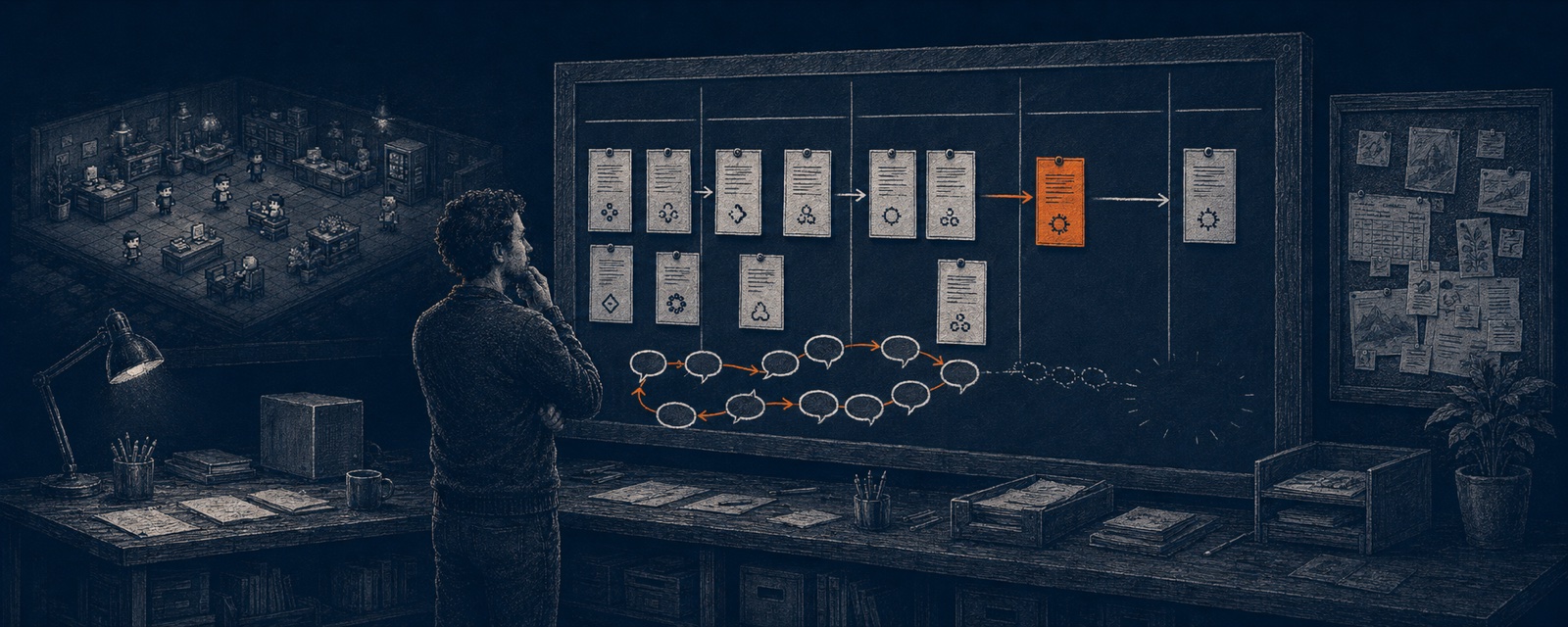 A man watches a kanban board with a looping chain of speech bubbles beneath it, a pixel-art office fading in the corner
