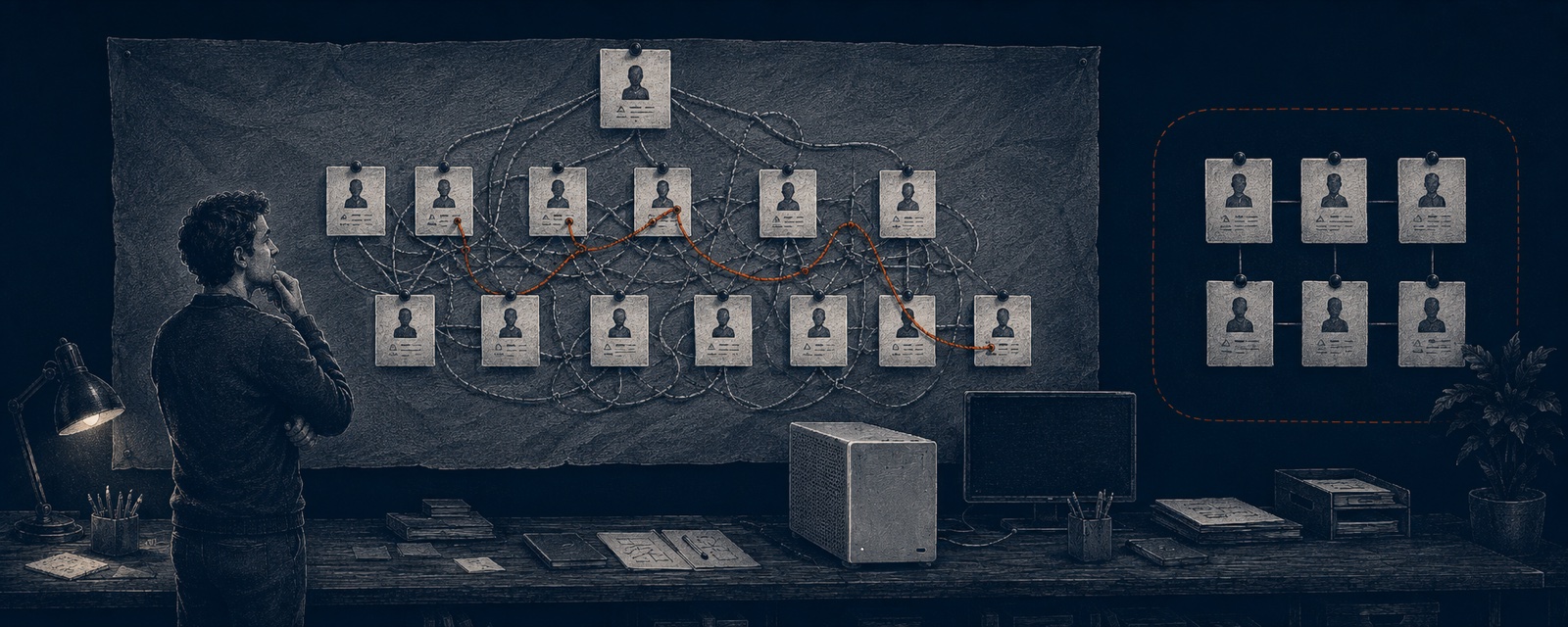 A man studies a wall of thirteen tangled portrait cards wired to an orchestrator, next to a simplified chart of six