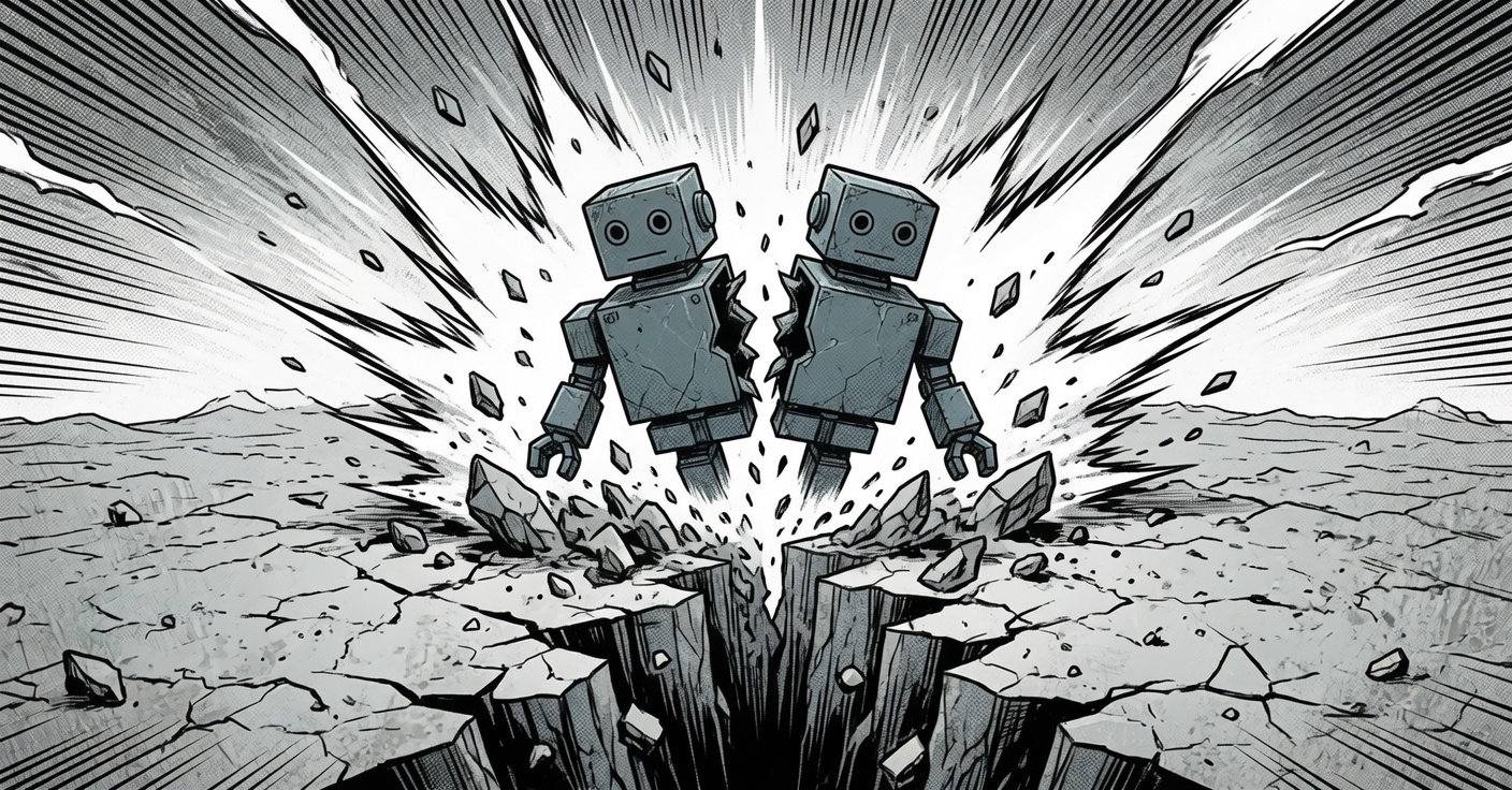 Two robots splitting apart as the ground cracks beneath them